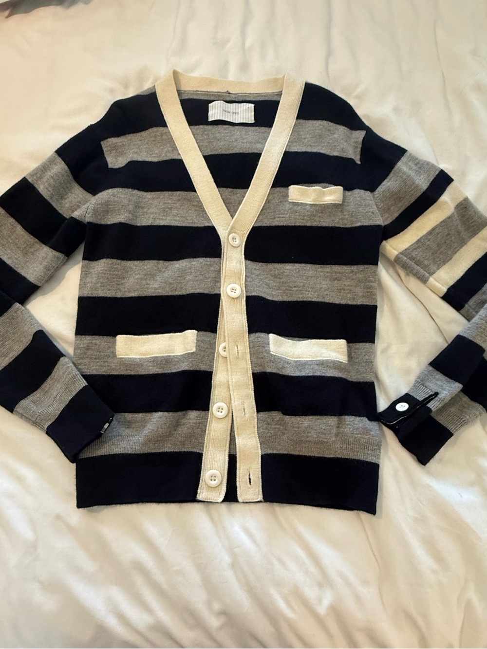 Thom Grey by Thom Browne Navy and Gray Striped V-Neck Cardigan with Cream Trim
